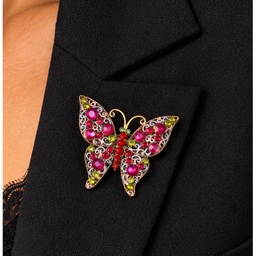 Womens Y2K Vintage Butterfly Rhinestone Filigree Brooch Pin Pink Green Gold Mod